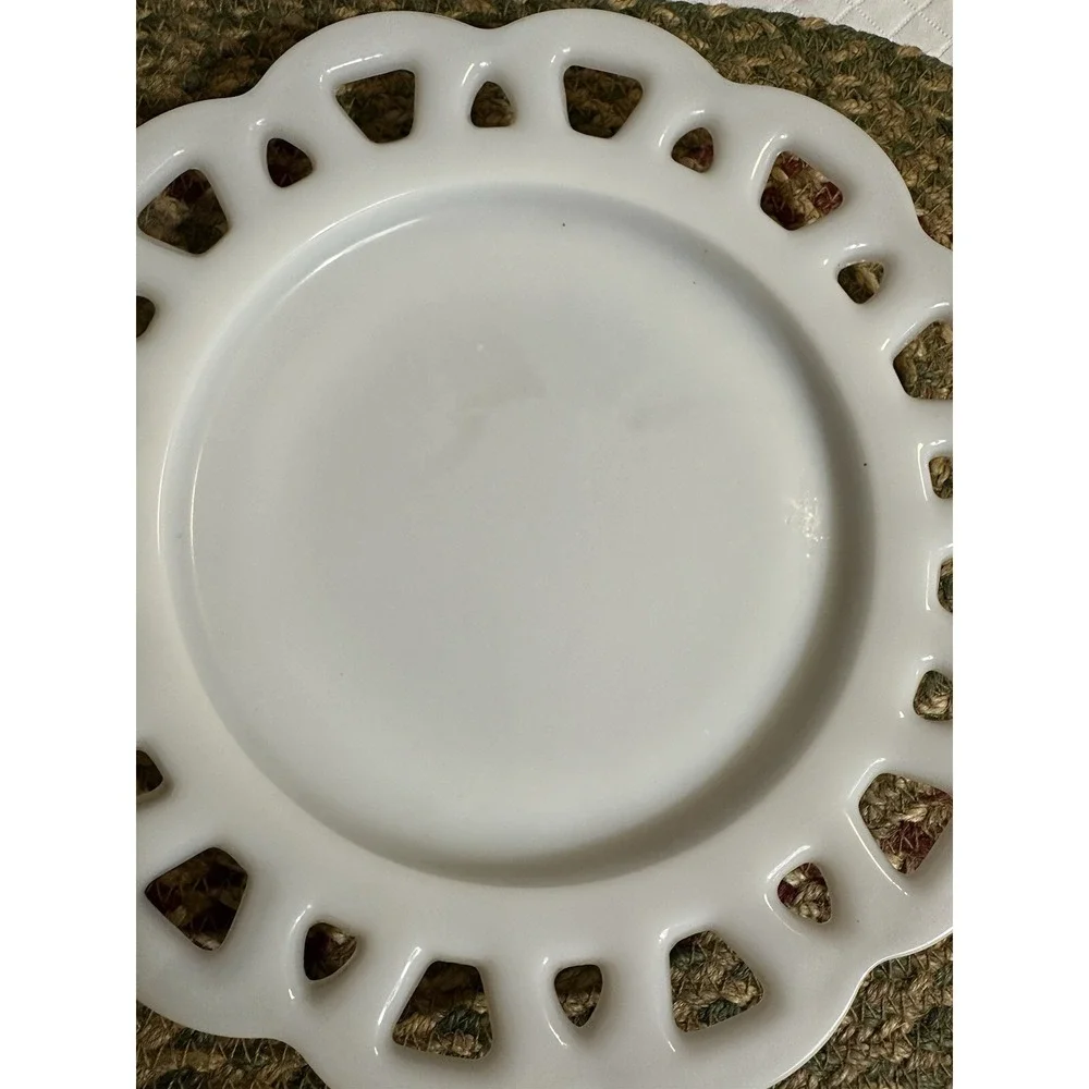 Vintage Hazel Atlas‎ White Milk Glass Plate with Open Lace Edge 8